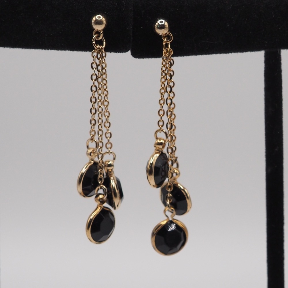 Vintage Dangle Earrings Black Faceted Glass Triple Strand Gold Tone Chain Tassel